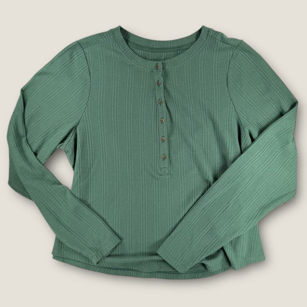 Anthropologie Pilcro Top 1X Green Waffle Knit Thermal Henley Long Sleeve